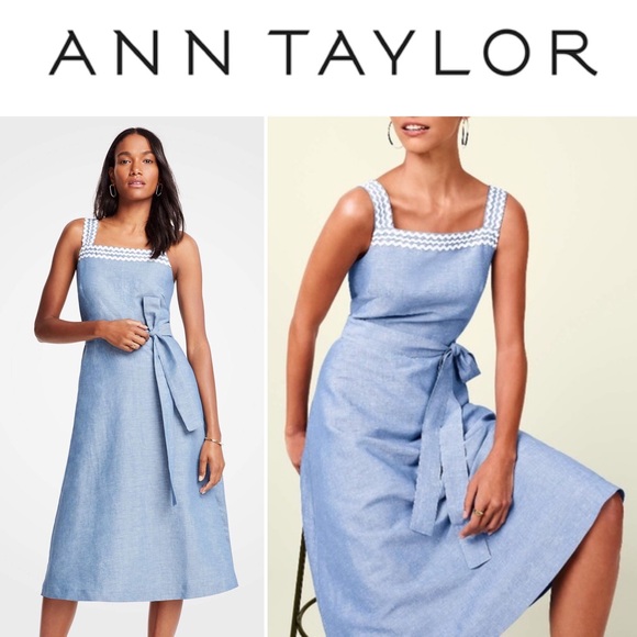 🆕👗 Wavy Trim Chambray Midi Dress ANN TAYLOR - Picture 8 of 12